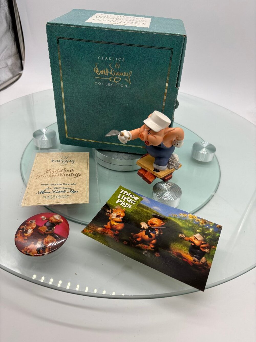 WDCC Three Little Pigs Practical Pig + COA, Button, Postcard (1993)
